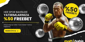 1) Bu promosyondan yararlanabilmeniz için minimum 20 TL tutarında yatırım gerçekleştirmeniz gerekmektedir. 2) Yatırımınıza istinaden yararlanabileceğiniz %50 FreeBet hakkinizi canlı destek üzerinden talep edebilirsiniz. 3) Freebet talep edebilmek için yatırım miktarınızı spor bahislerinde bahis aldıktan sonra (kuponun sonuçlanması önemli değildir) CANLI DESTEK hattından talep edebilirsiniz.Alınan FREEBET Futbol; Canli ve Mac Öncesi karsilasmalarda Mac Sonucu ve Maçın Geri Kalanını Kim Kazanır marketlerinde kullanılabilir. Basketbol; Canli ve Mac Öncesi karsilasmalarda Mac Sonucu marketinde kullanılabilir. 4) Maksimum yararlanabileceğiniz Freebet tutarı 150 TL’dir ve Freebet ile maximum 250 tl kazanilabilir. 5) Freebetinizi aktif etmek için minimum 3 müsabaka ve her seçiminiz minimum 1.50 orandan oluşacak şekilde bahis almanız gerekmektedir. Freebetin kullanım süresi 24 saattir. 6) Kuponunuzun kazanç olarak sonuçlanması durumunda olası kazanç tutarından Freebet tutarı otomatik olarak düşmektedir.